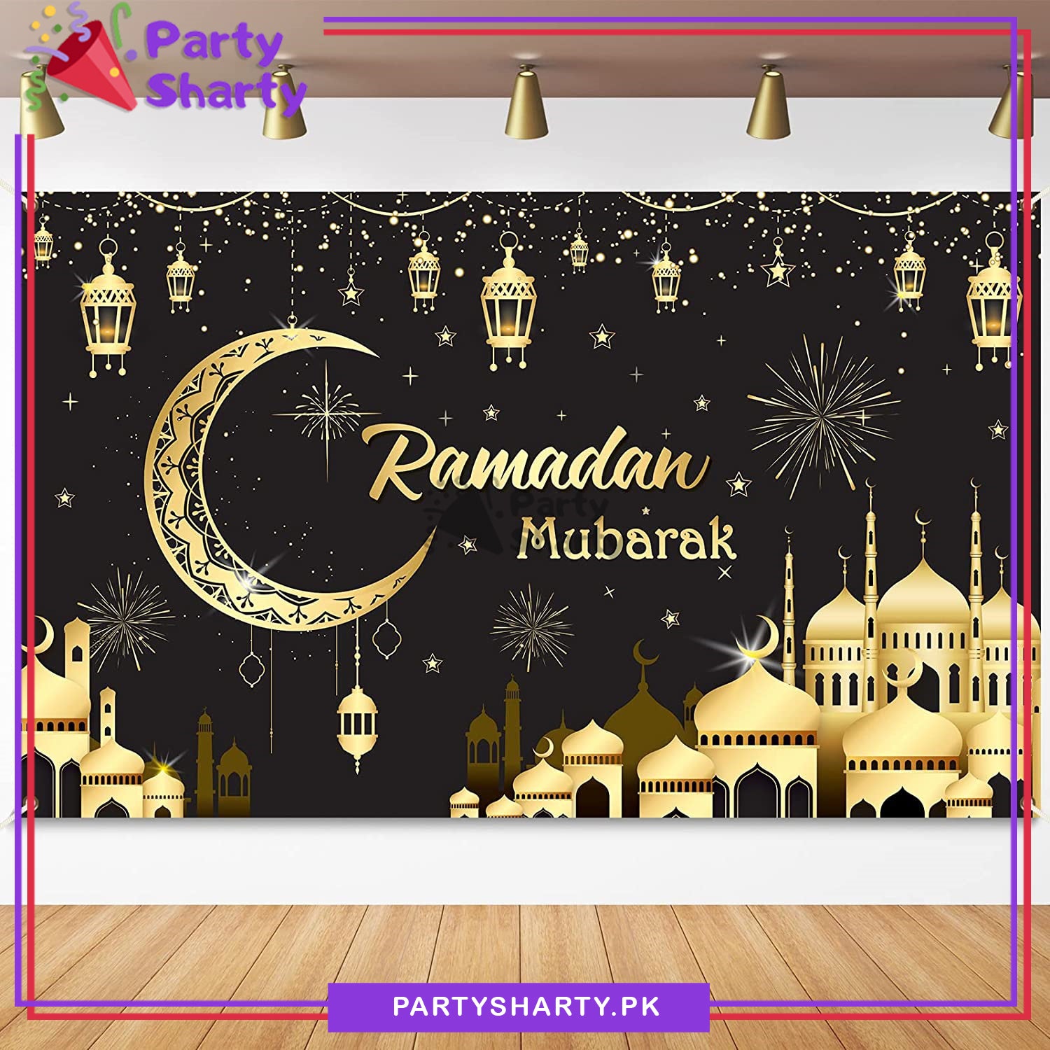 Black & Golden Ramadan Mubarak Panaflex backdrop For Ramadan / Iftar Party Decoration and Celebration