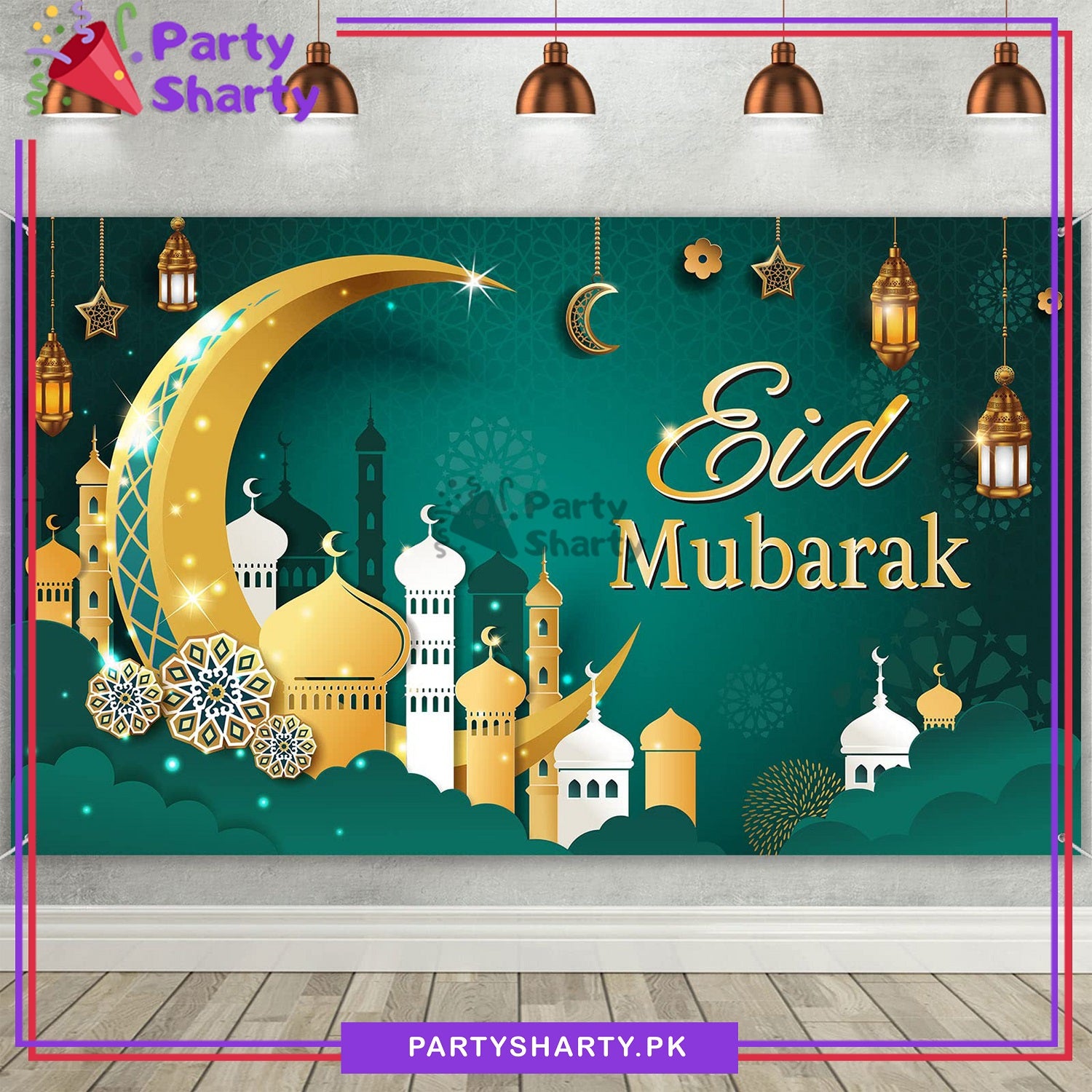 Green, Golden & White Eid Mubarak Panaflex backdrop For Eid Milan Party Decoration and Celebration