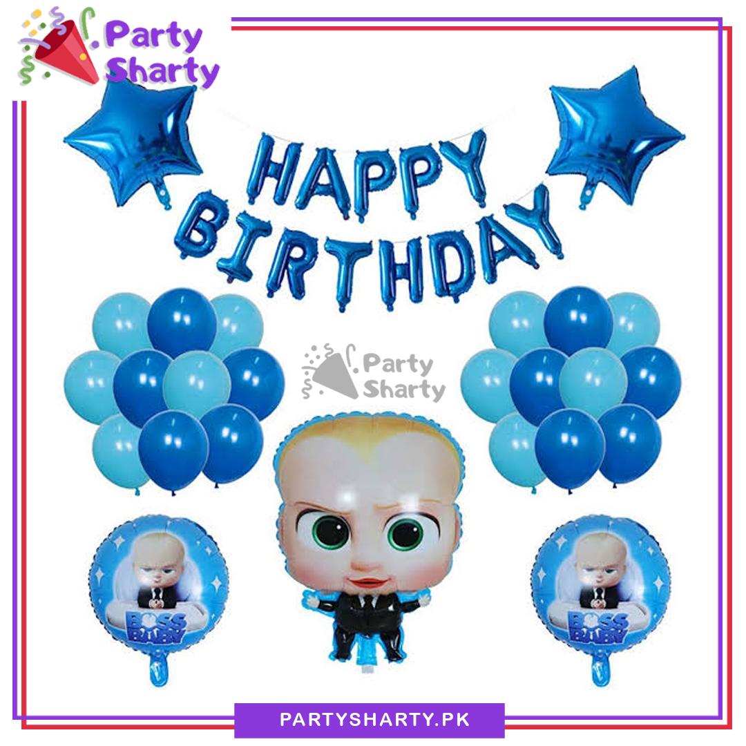 Blue Happy Birthday with Boss Baby Cartoon Theme Set for Theme Based Birthday Decoration and Celebration