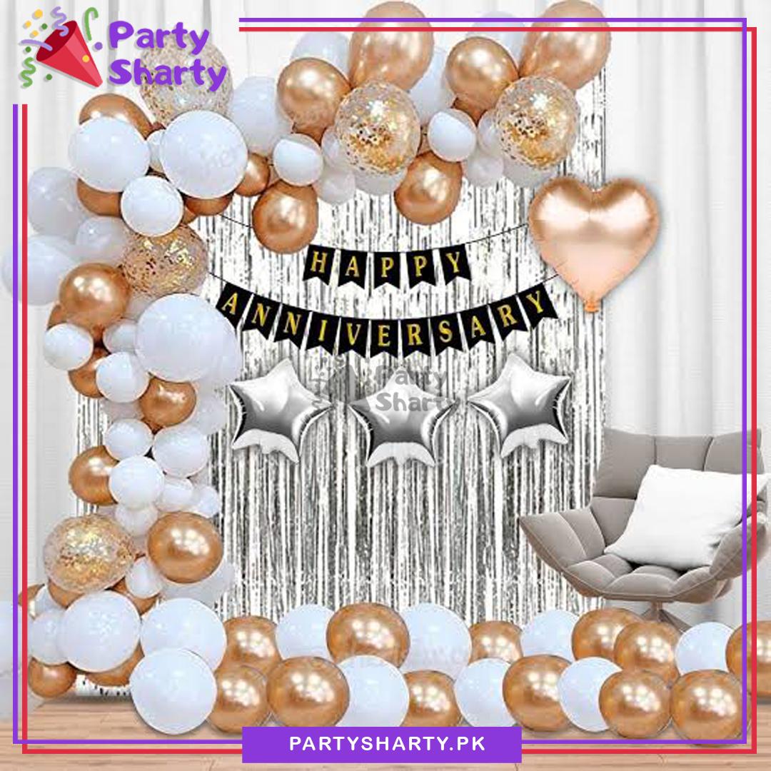 Happy Anniversary Black Banner with White & Rose Gold Theme Set for Anniversary Decoration and Celebration