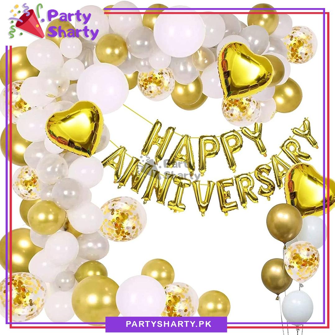 Happy Anniversary Golden with White & Silver Theme Set For Decoration and Celebration
