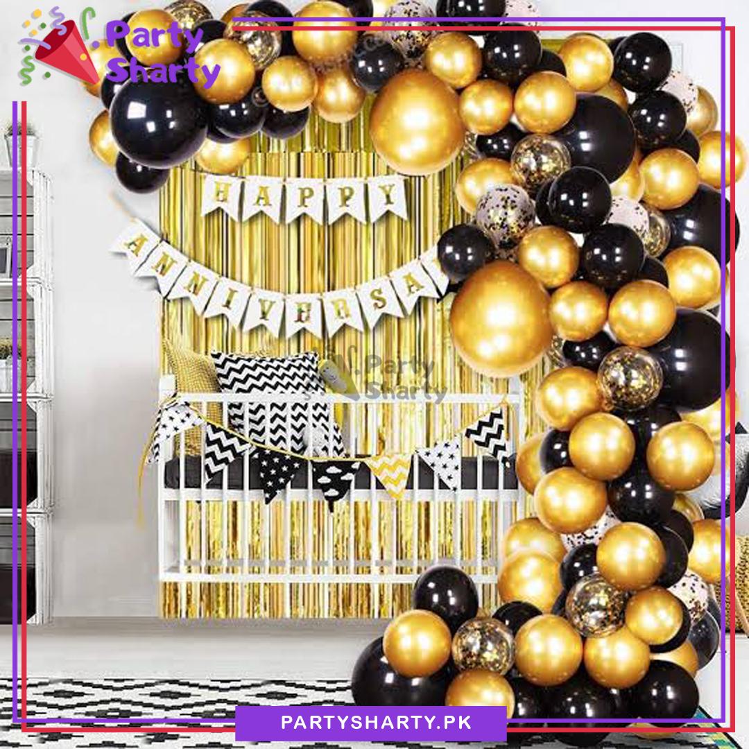 Happy Anniversary White Banner with Black & Golden Balloon Theme Set For Anniversary Decoration and Celebrations