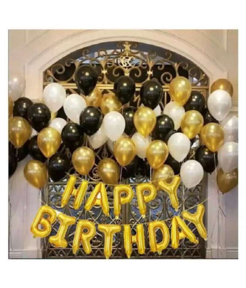 Happy Birthday Golden with Golden, Black & White Theme Set For Birthday Decoration