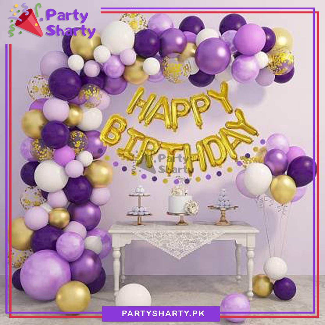 Happy Birthday Golden with Purple Balloon Theme Set for Birthday Decoration and Celebration