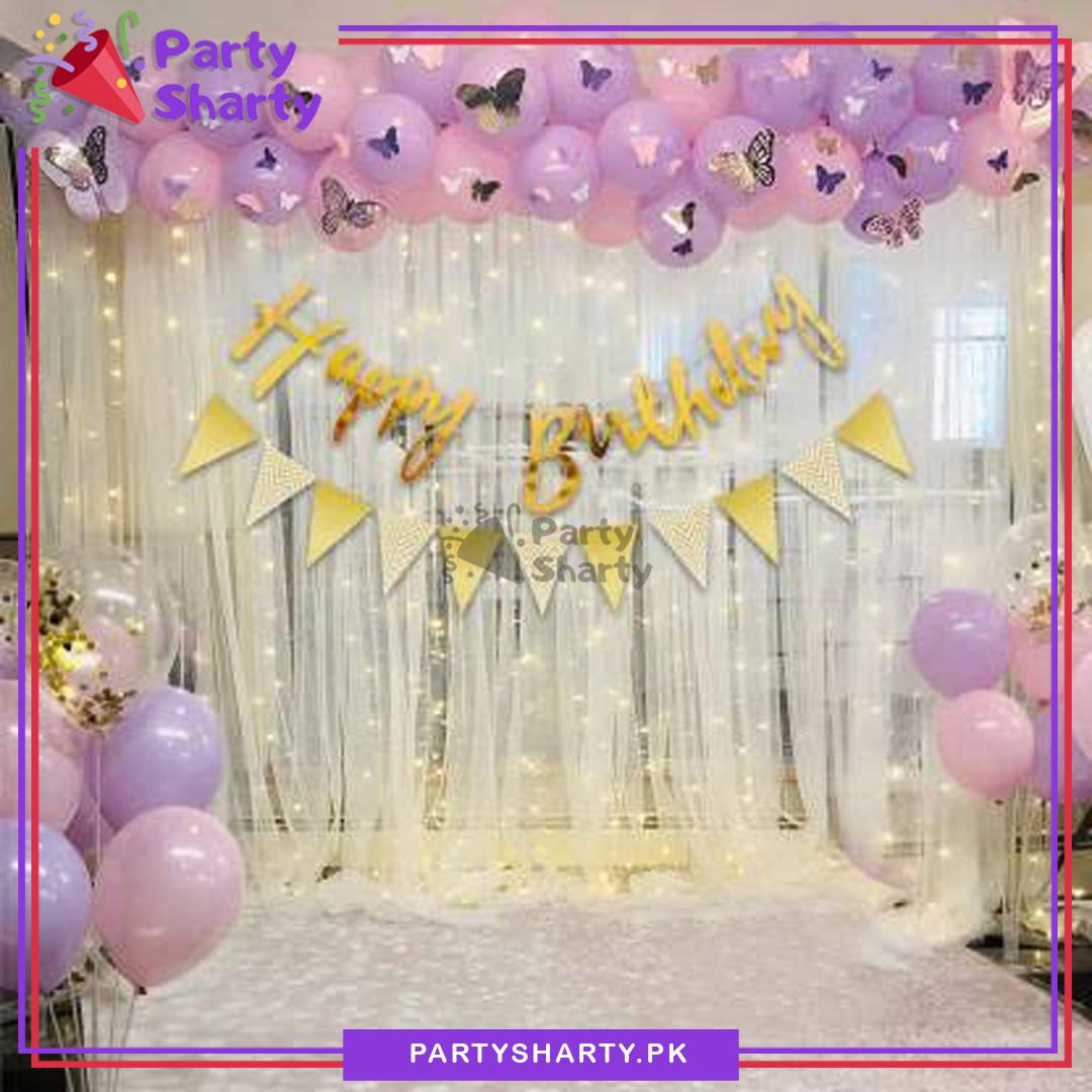 Happy Birthday Scripted Golden Card Banner with Purple Balloon Theme Set for Birthday Decoration and Celebration