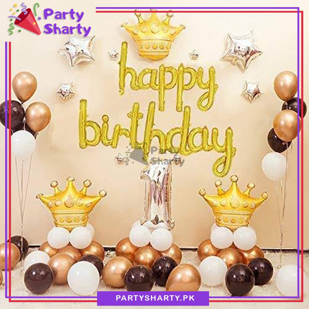 Happy Birthday Scripted Golden, White & Black Theme Set for Royal Theme Based First Birthday Decoration and Celebration