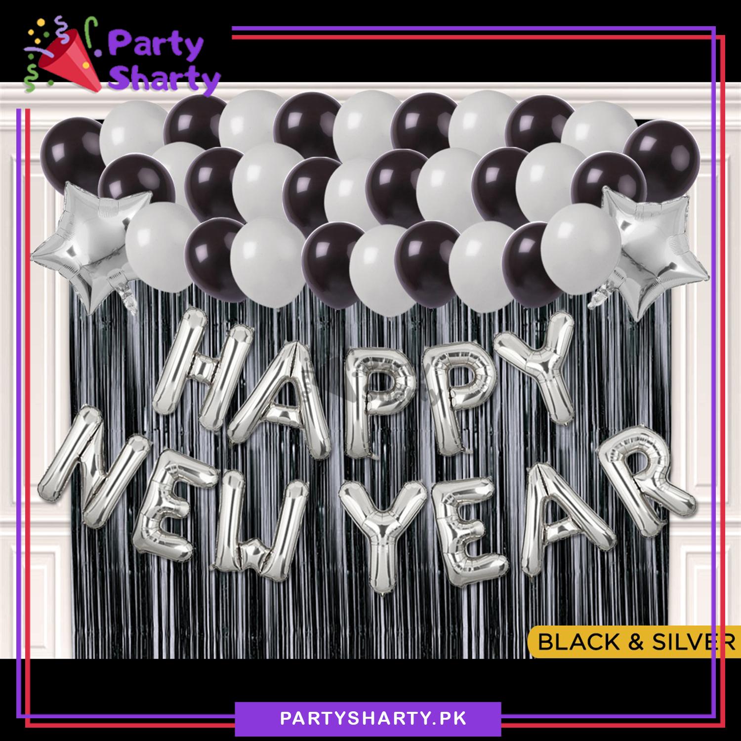 Happy New Year Silver & Black Theme Set For New Year Party Decoration and Celebration