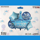 Prince / Princess Crown Shaped Foil Balloon Set - 5 Pieces For Birthday Party Decoration and Celebration