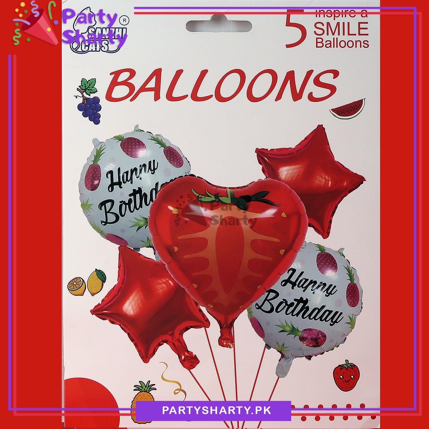 5pcs/set Strawberry Heart Shaped Foil Balloons For Fruit Theme Party Decoration and Celebration