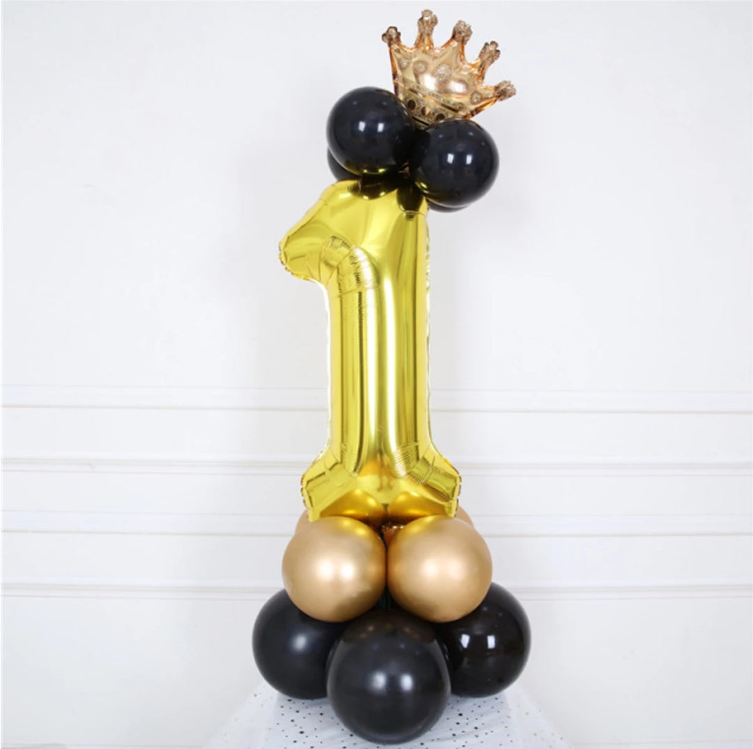 Number 1 Foil Balloon Set - Golden & Black For First Birthday Decoration and Celebration