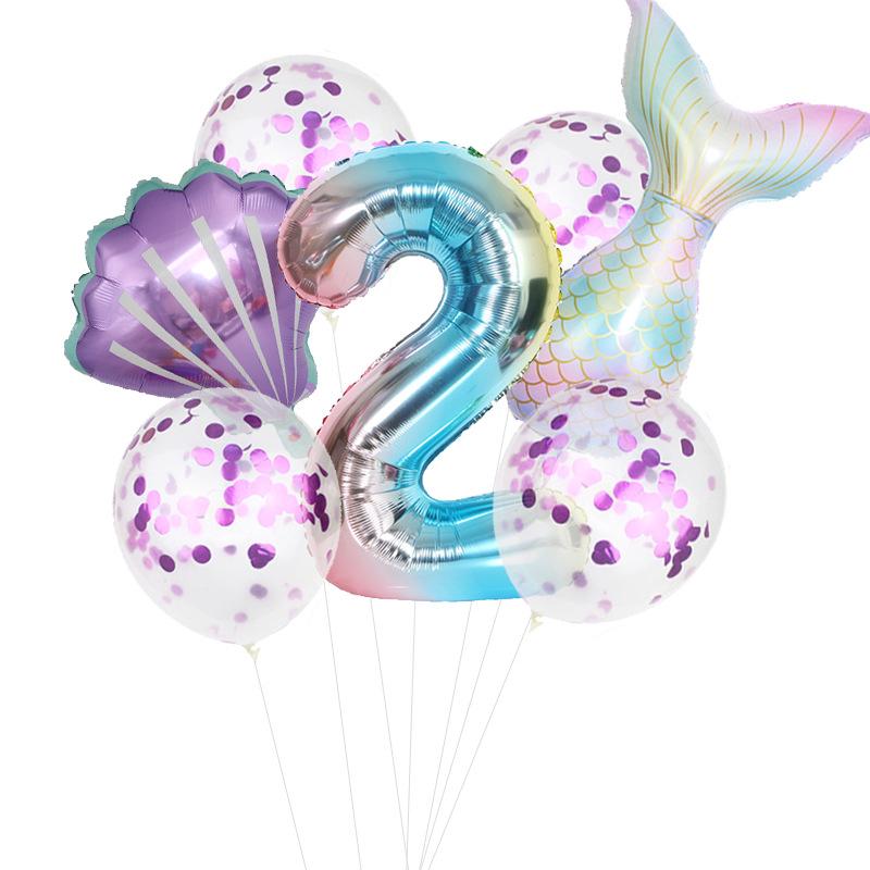 7Pcs/set Gradient Color Mermaid Number Foil Balloon Party Decoration