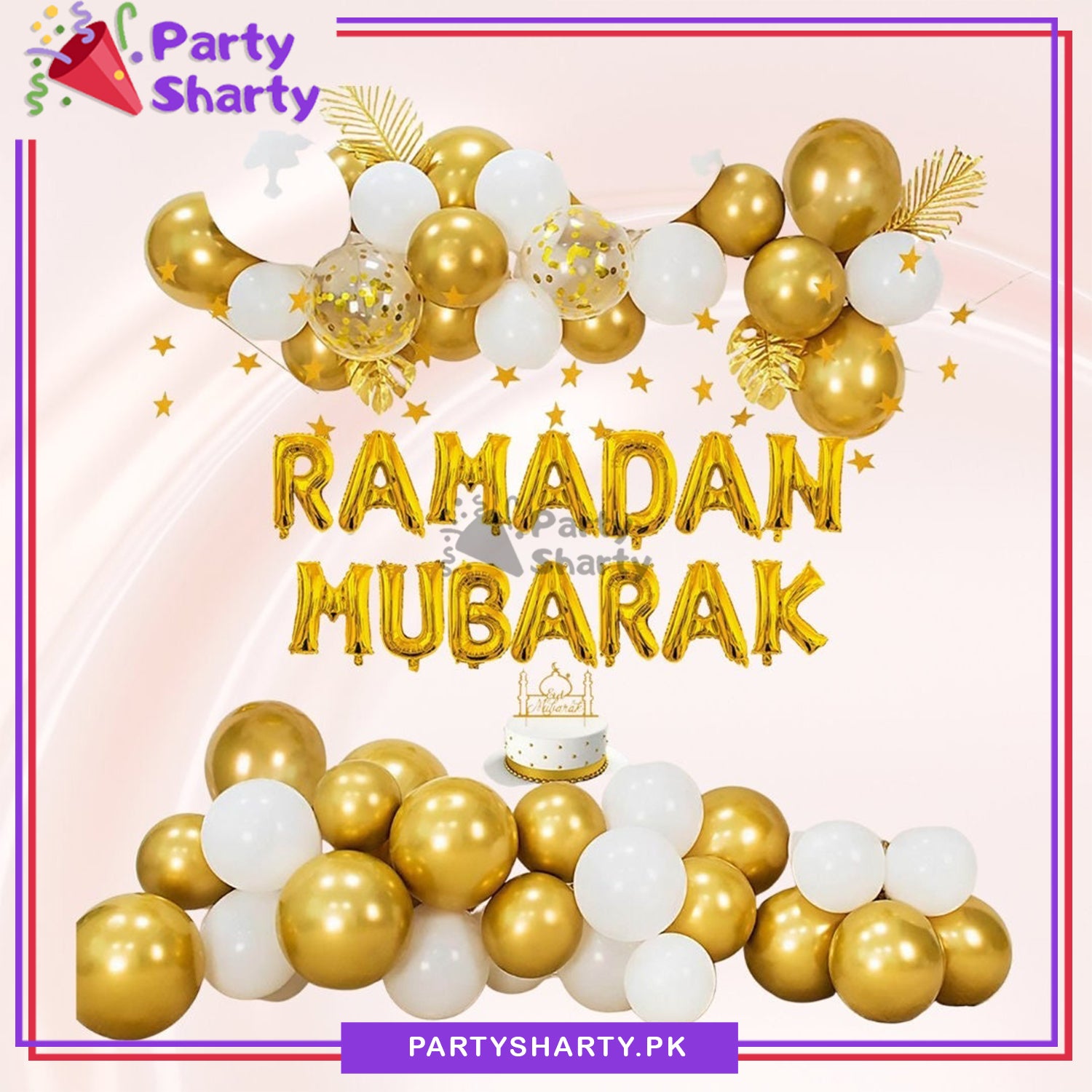 Ramadan Mubarak Golden & White Balloon Theme Set for Ramadan Iftar Party Decoration and Celebration