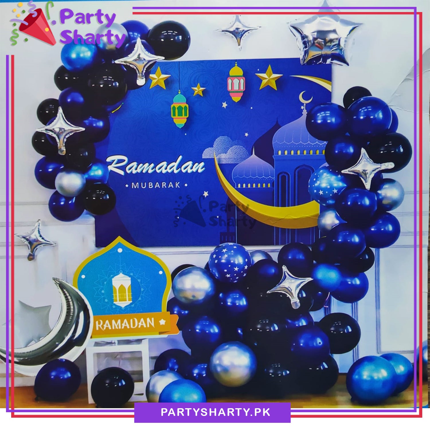 Blue Ramadan Mubarak Banner With Silver Theme Set for Ramadan Iftar Party Decoration and Celebration