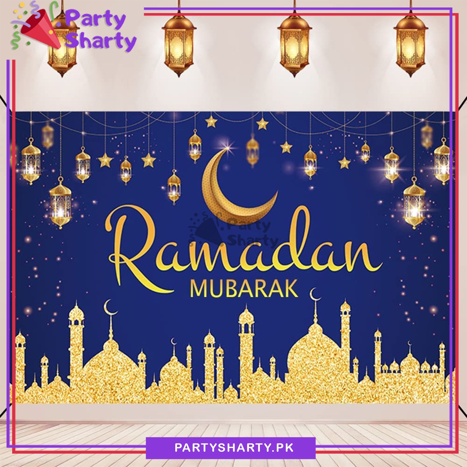 Golden & Blue Ramadan Mubarak Panaflex backdrop For Ramadan / Iftar Party Decoration and Celebration