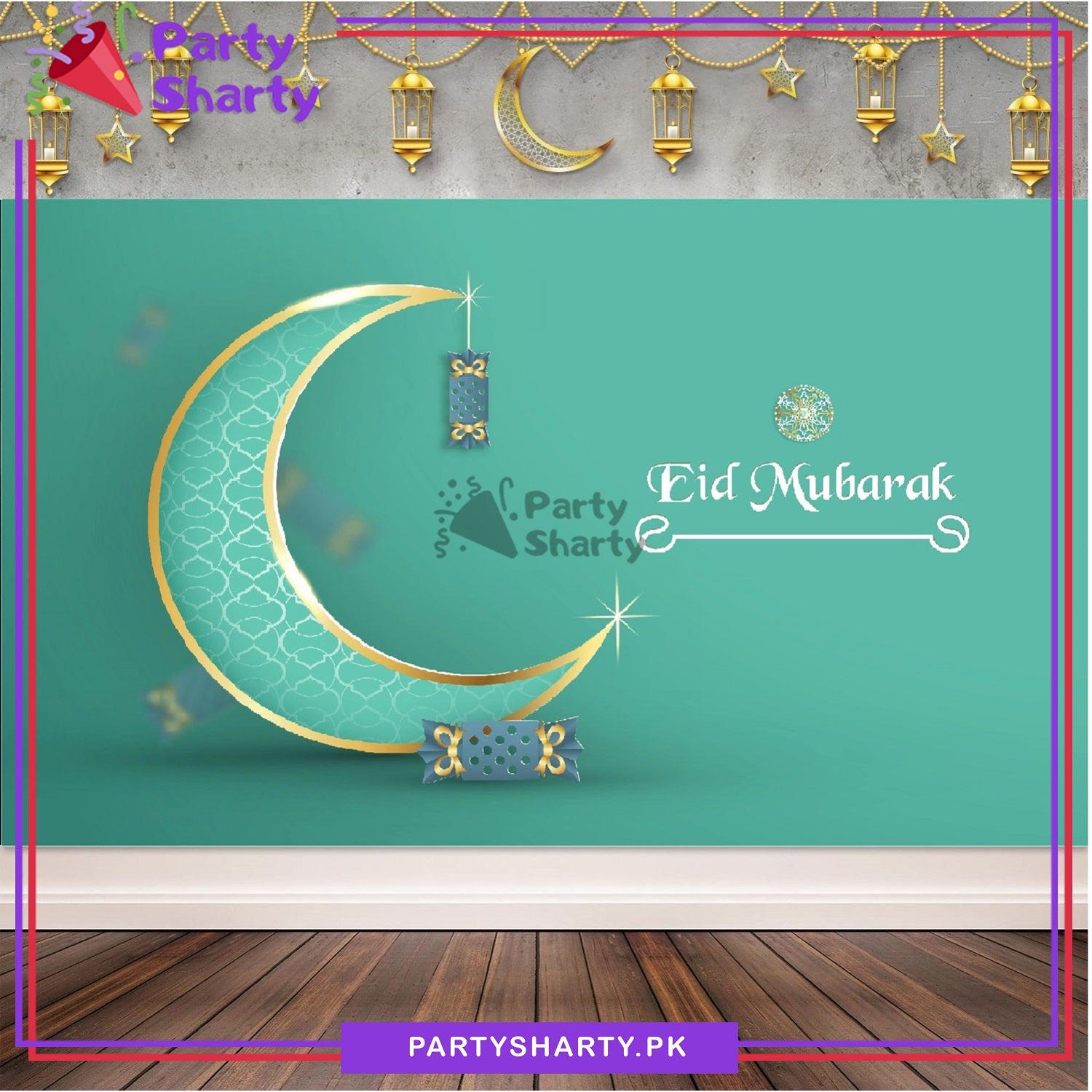 Sea Green & White Eid Mubarak Panaflex backdrop For Eid Decoration and Celebration