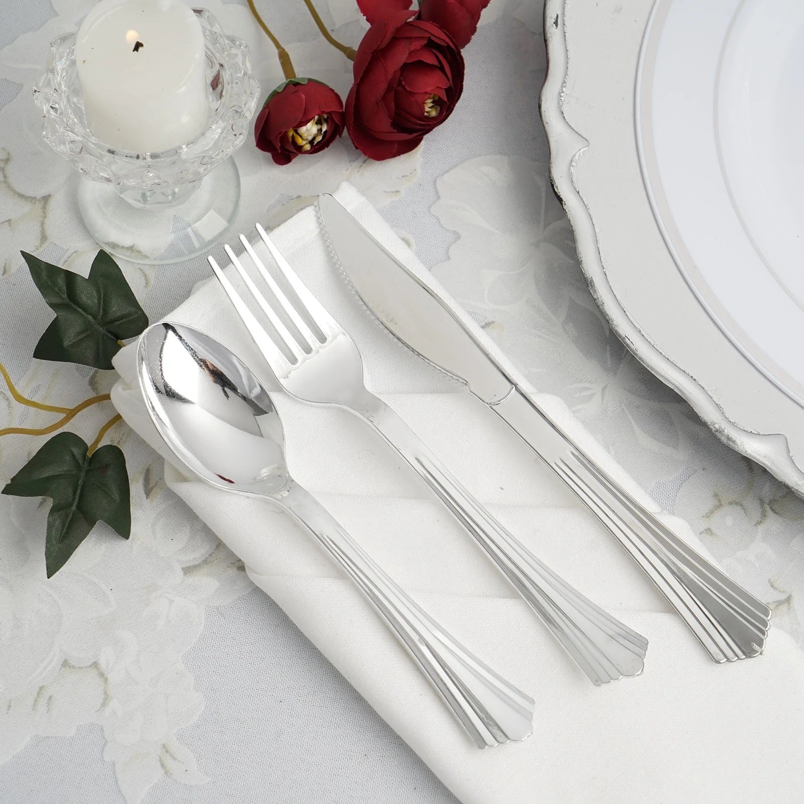 Silver Classic Heavy Duty Plastic Silverware Set (Spoon, Knife, Fork) For Birthday, Anniversary, Wedding Party Decoration and Celebration