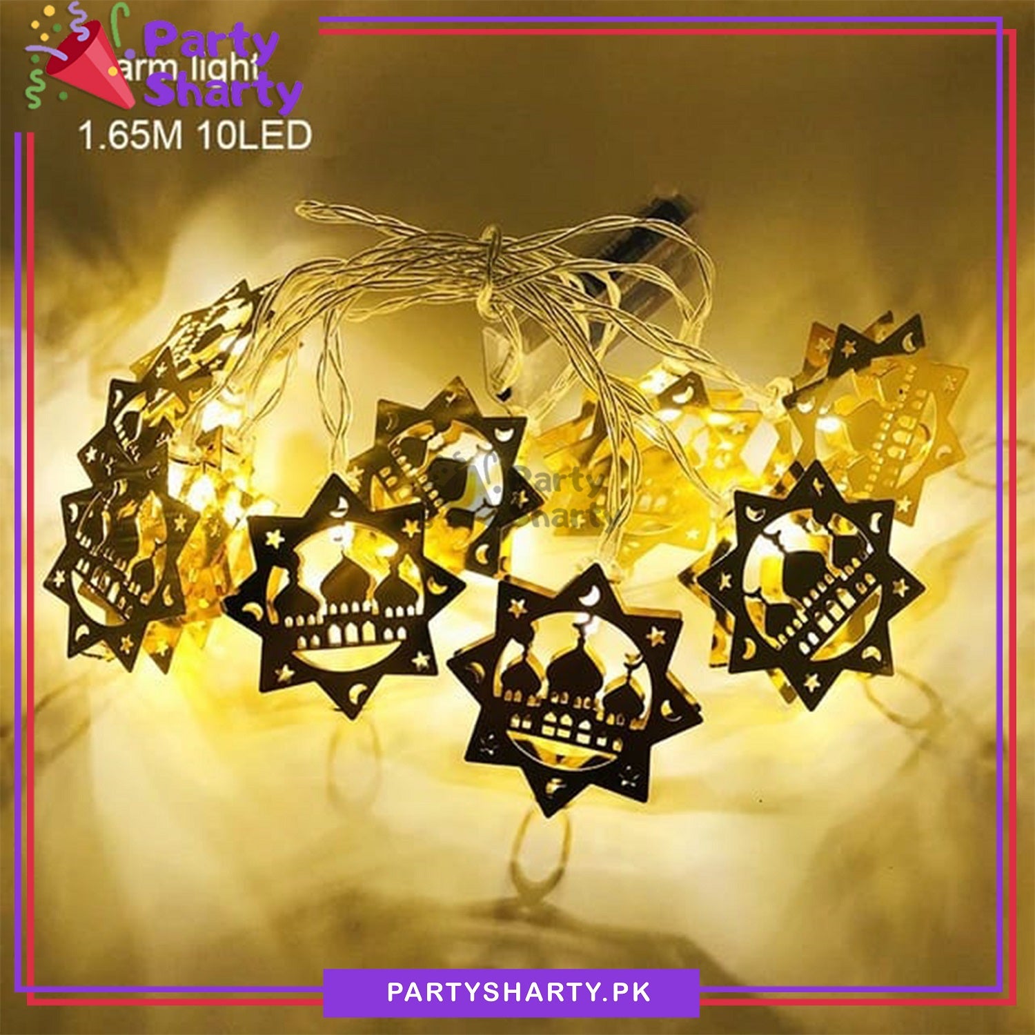 Star Shaped With Masjid Shaped Golden Metal LED String Lights For Ramadan Festival and Celebration