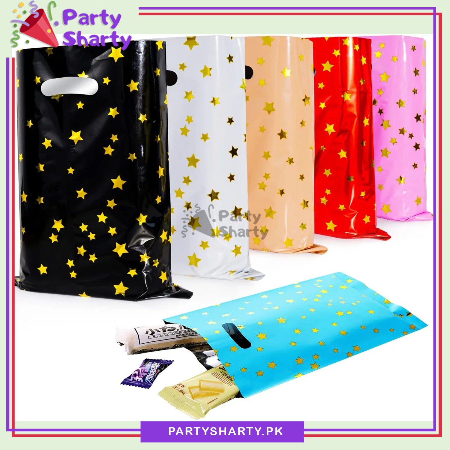 Metallic Color With Golden Star Printed Plastic Goody Bags / Loot Bags For Party Decoration and Celebration