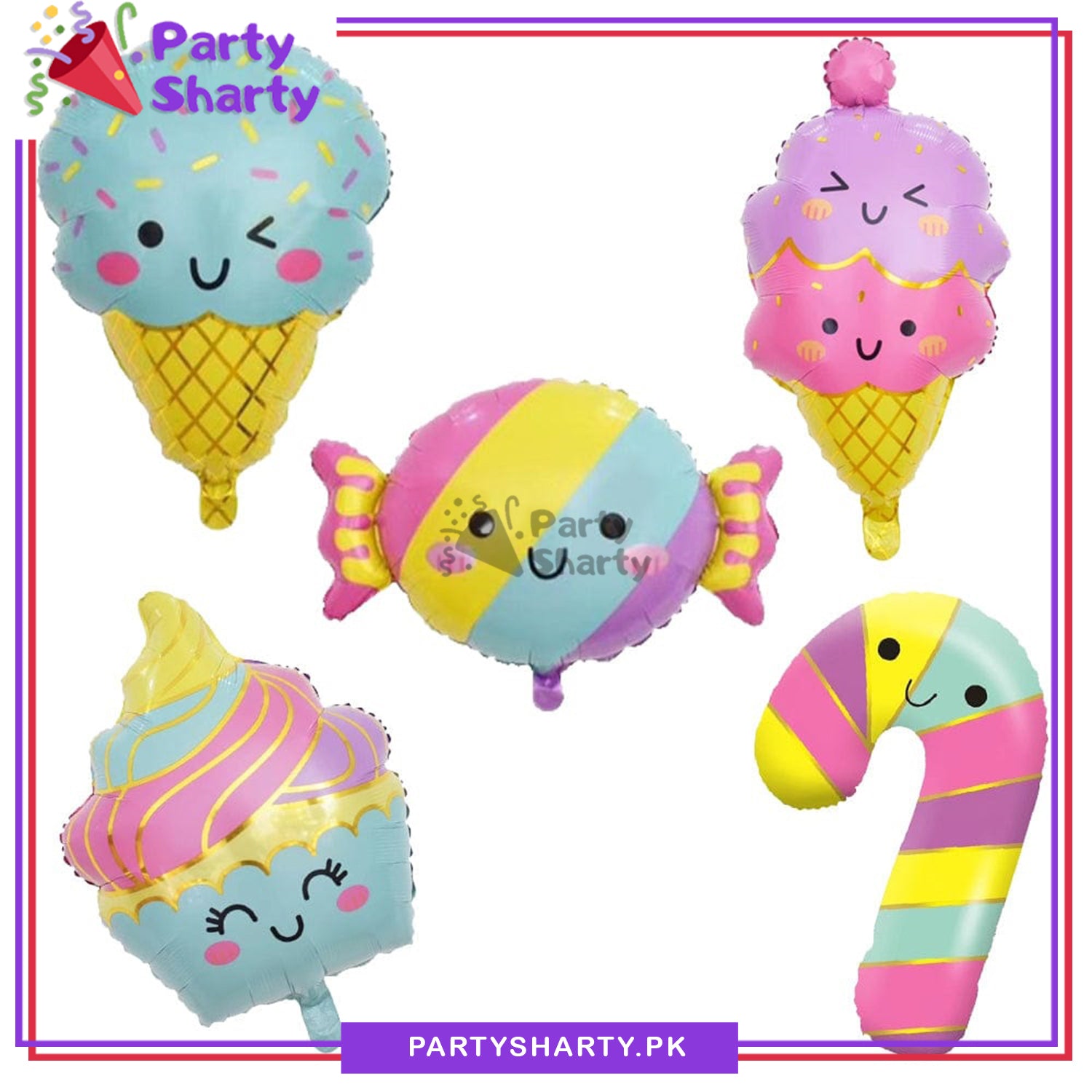 5pc/set Sweet Treats Ice Cream, Candy, Cupcake, Candy Cane Pastel Color Foil Balloons Set For Candyland Theme Party Decoration