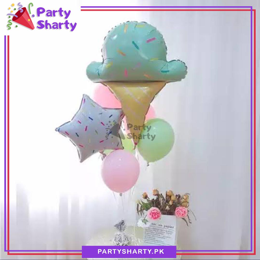 7pcs/set Ice-Cream Cone With Star Foil & Pastel Balloon Set For Party Decoration & Celebration