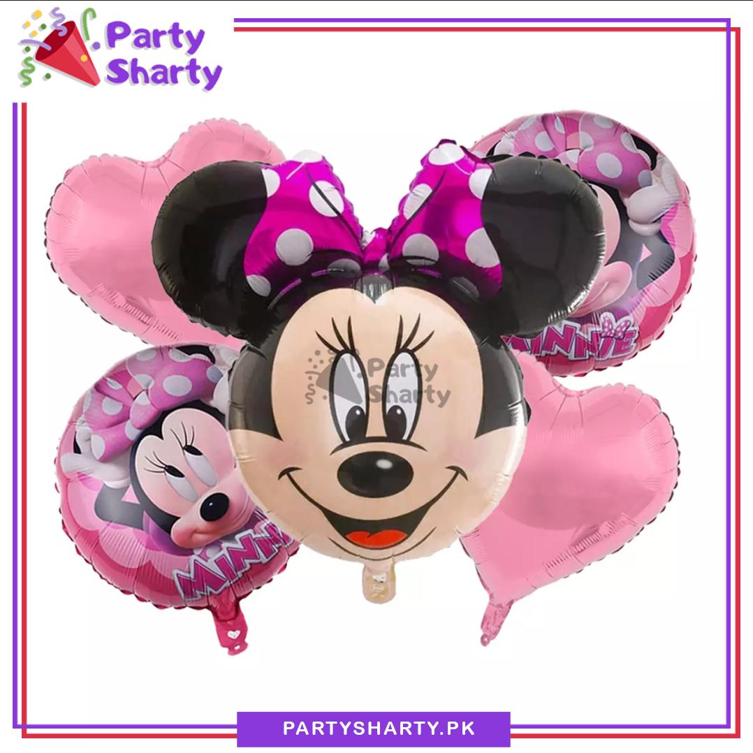 Minnie Mouse Cartoon Head Foil Balloon Set - 5 Pieces For Birthday Party