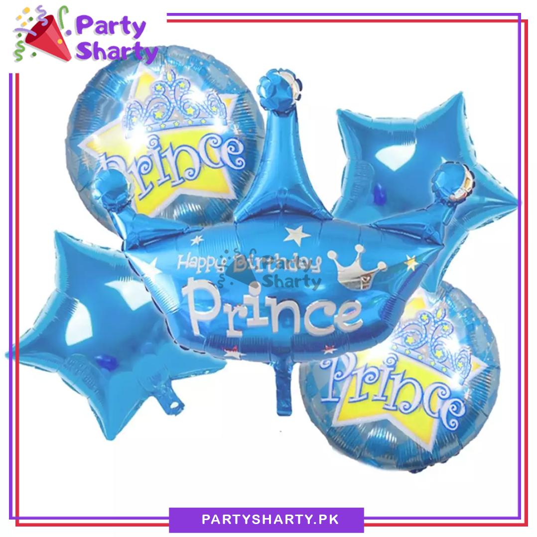 Prince / Princess Crown Shaped Foil Balloon Set - 5 Pieces For Birthday Party Decoration and Celebration