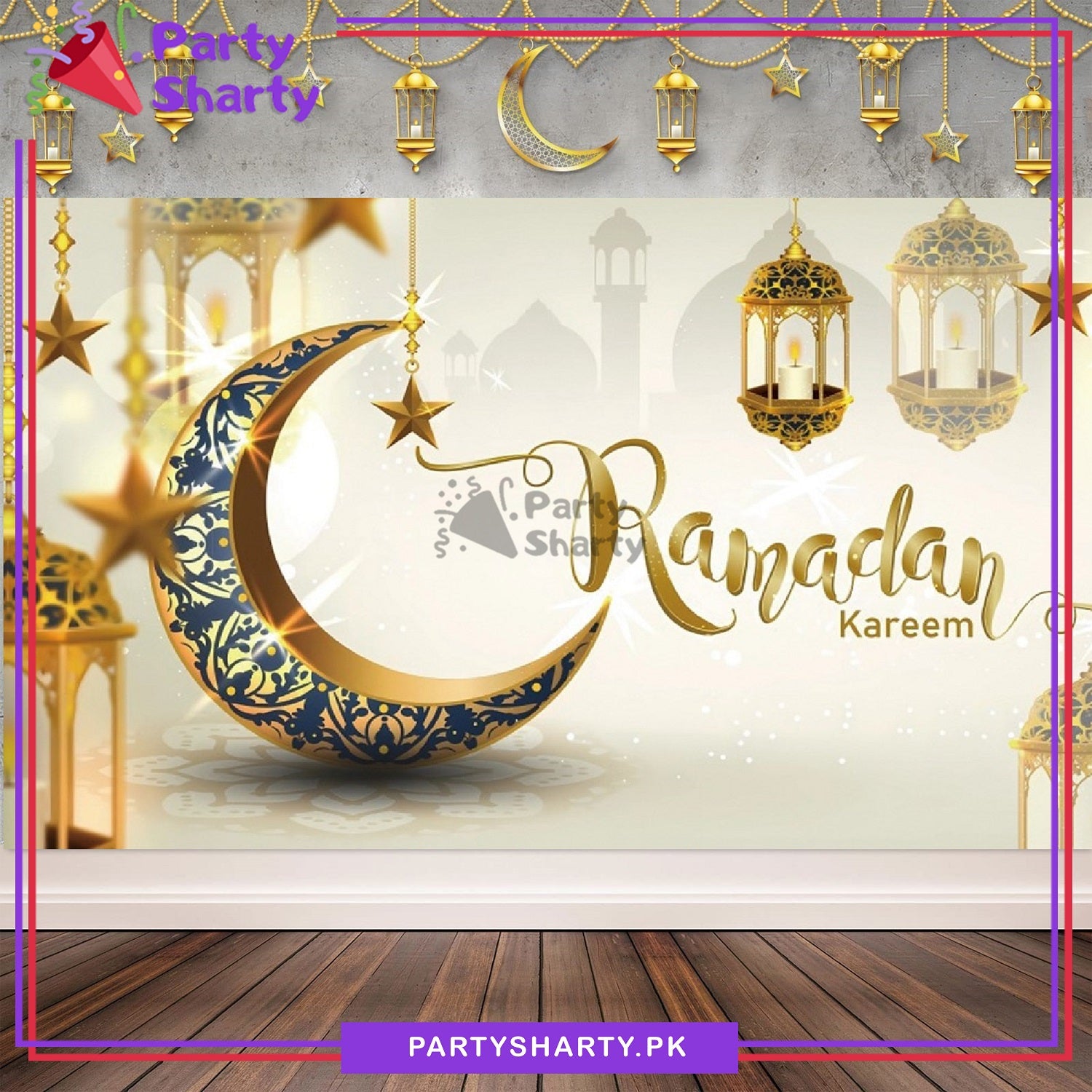 White & Golden Ramadan Kareem Panaflex backdrop For Theme Based Ramadan Decoration and Celebration