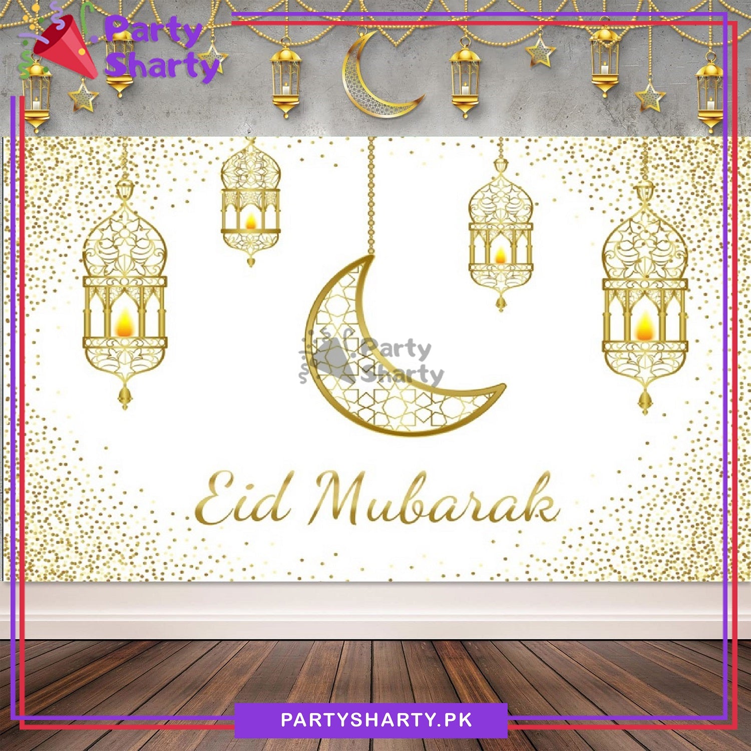 White with Golden Eid Mubarak Panaflex backdrop For Theme Based Eid Decoration and Celebration
