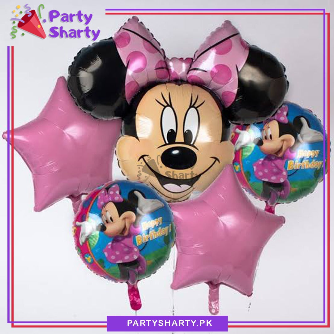 Minnie Mouse Cartoon Head Foil Balloon Set - 5 Pieces For Birthday Party