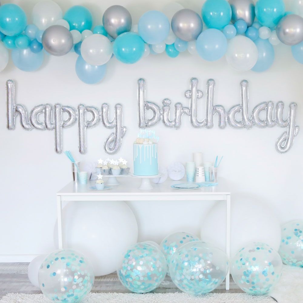Happy Birthday Scripted Silver with Light Blue Theme Set For Birthday Decoration and Celebrations