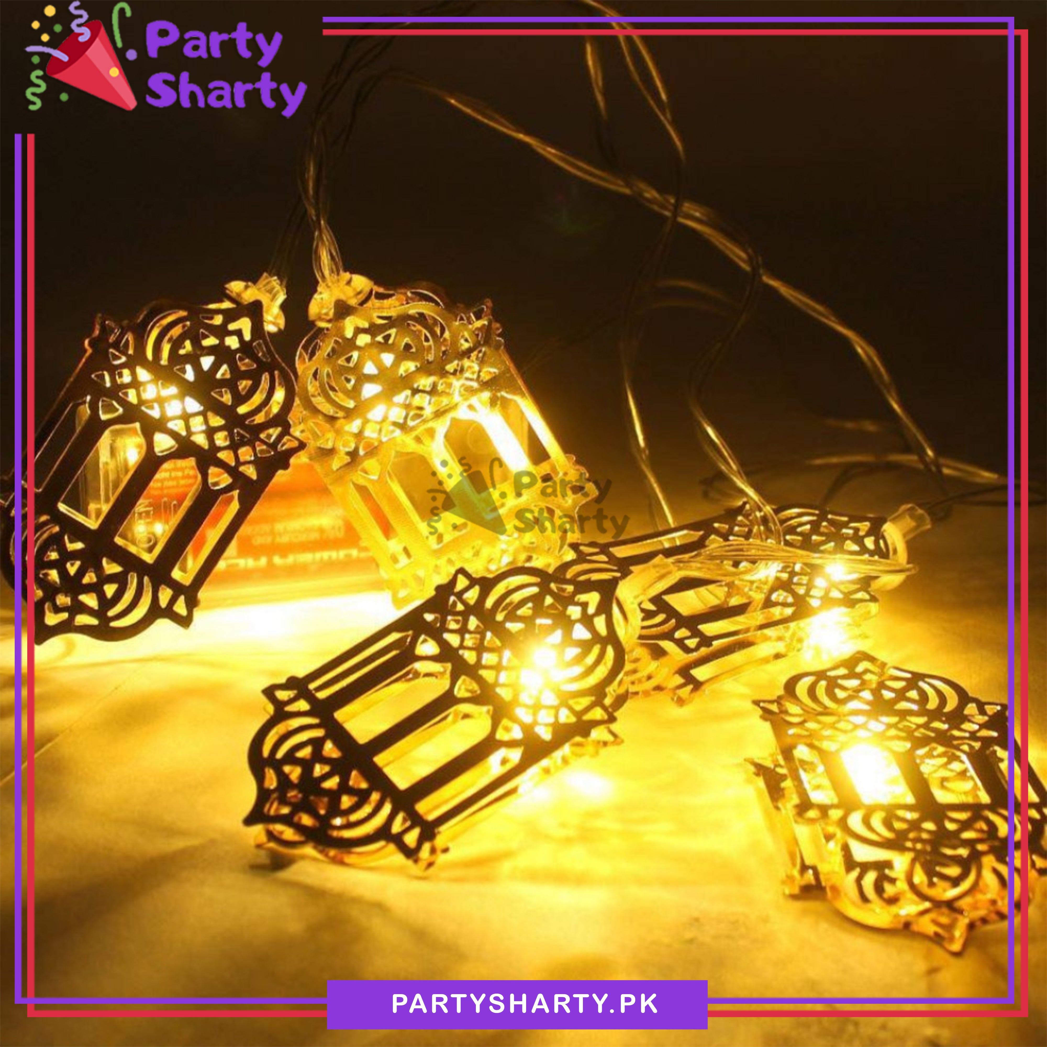 Golden Lantern Shaped Led Metal String Lights For Ramadan Festival and Celebration